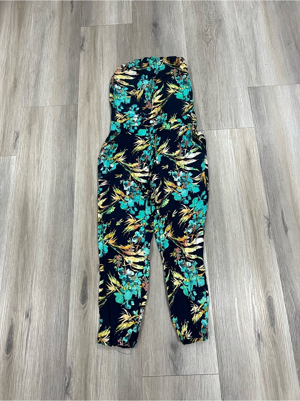 Mudd Black Teal Floral Strapless Jumpsuit